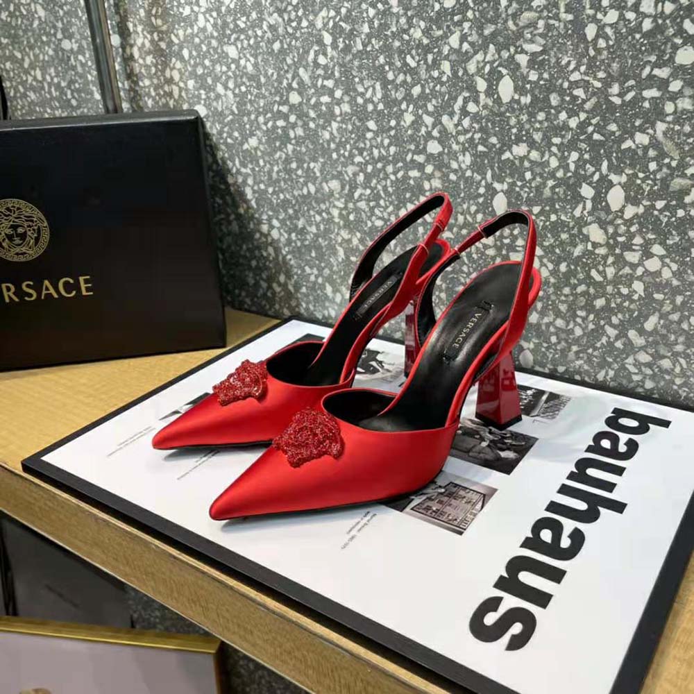 Versace Women La Medusa Satin Sling-Back Pumps in 105 mm Heel-Red - image 6