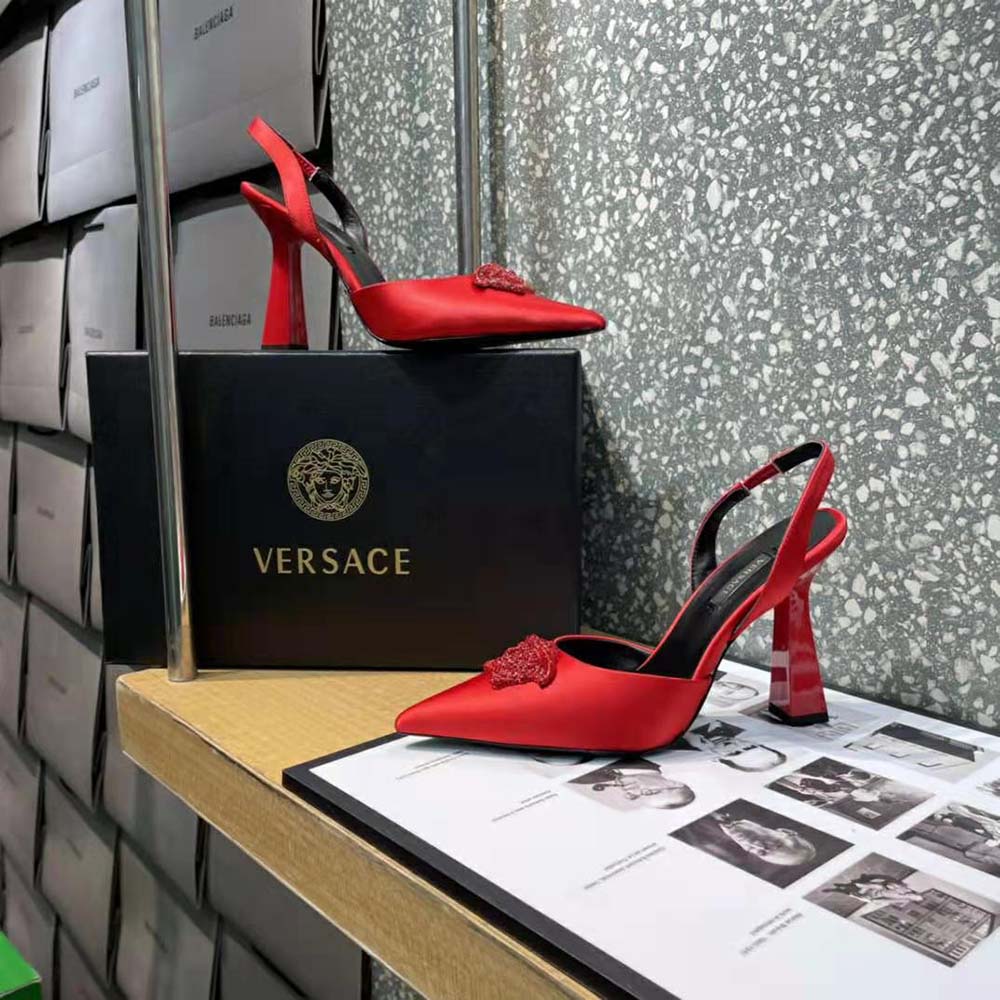 Versace Women La Medusa Satin Sling-Back Pumps in 105 mm Heel-Red - image 8