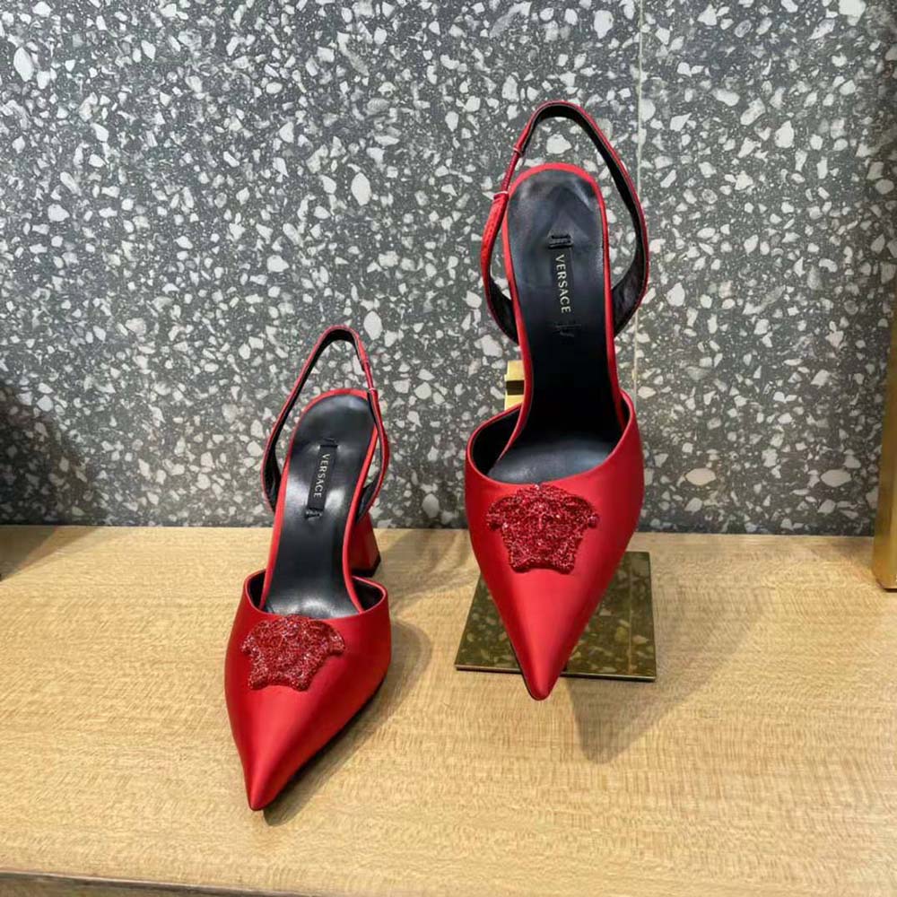 Versace Women La Medusa Satin Sling-Back Pumps in 105 mm Heel-Red - image 4