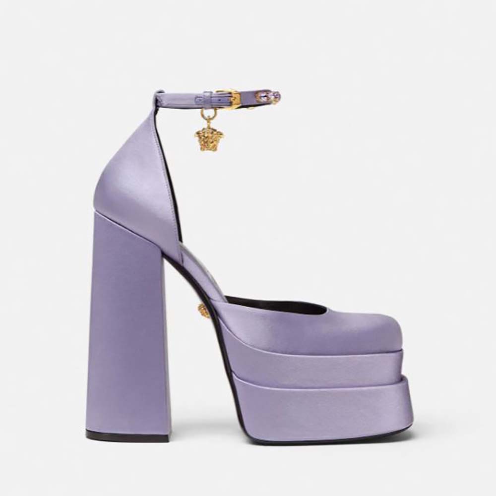 Front angle of Versace Women Medusa Aevitas Platform Pumps in purple
