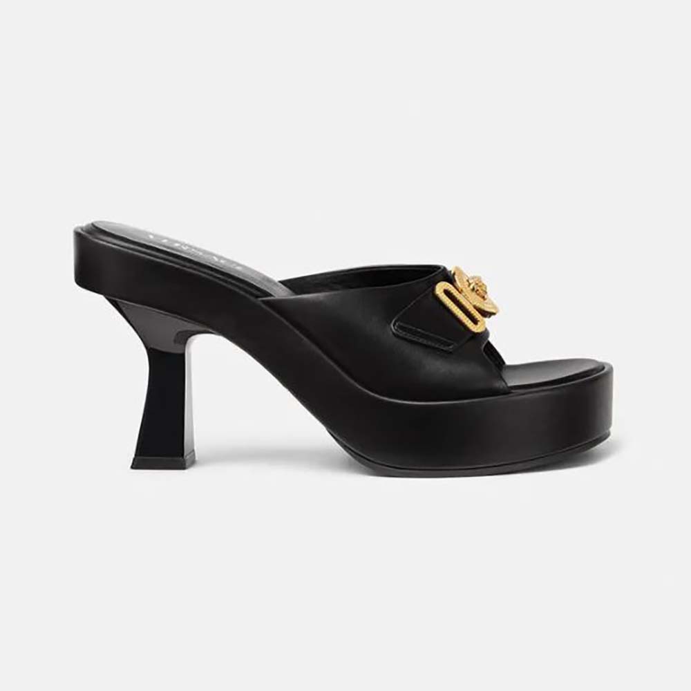 Side profile of Versace Women Medusa Biggie Mules in black leather