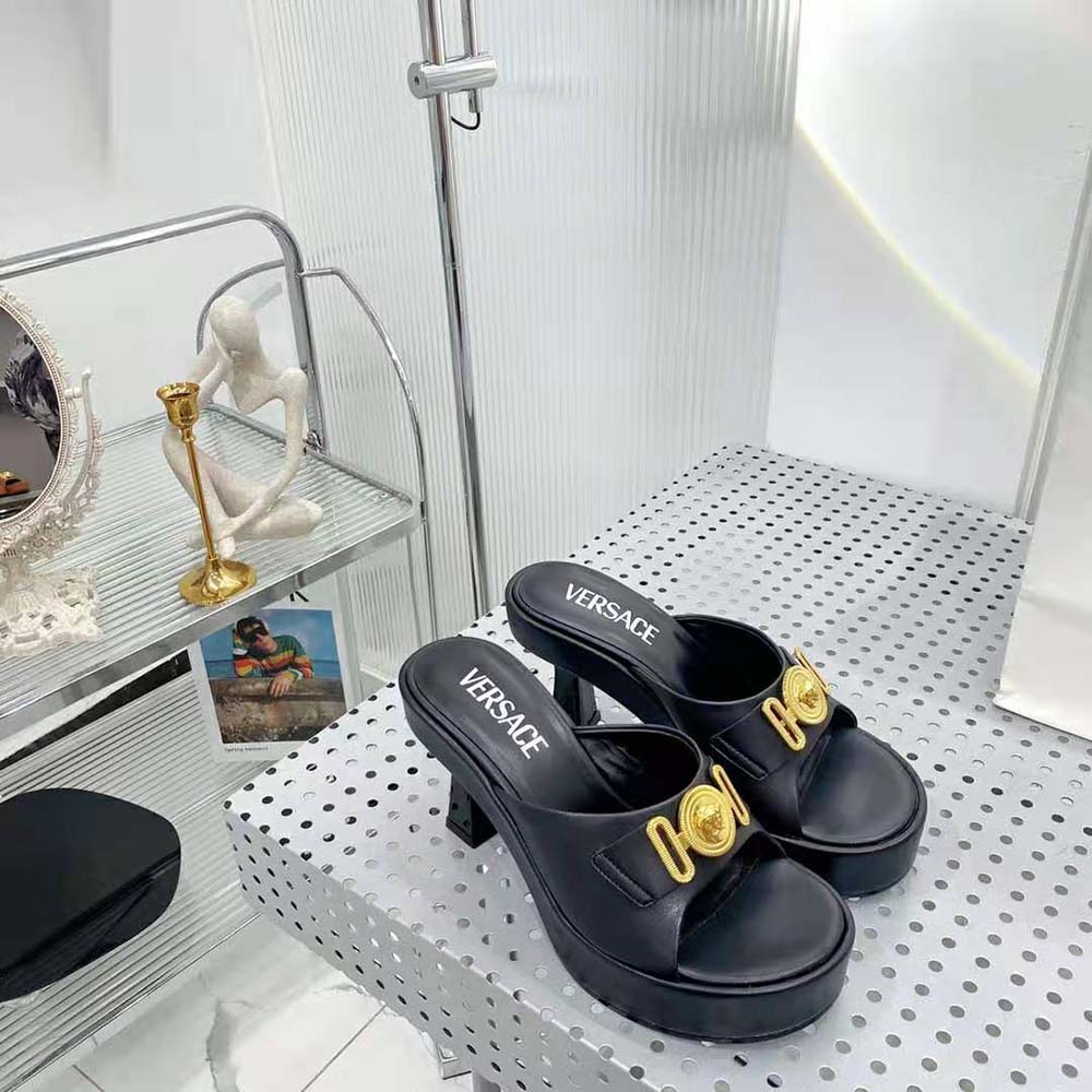 Rear view showing 85mm heel height of Versace Women Medusa Biggie Mules