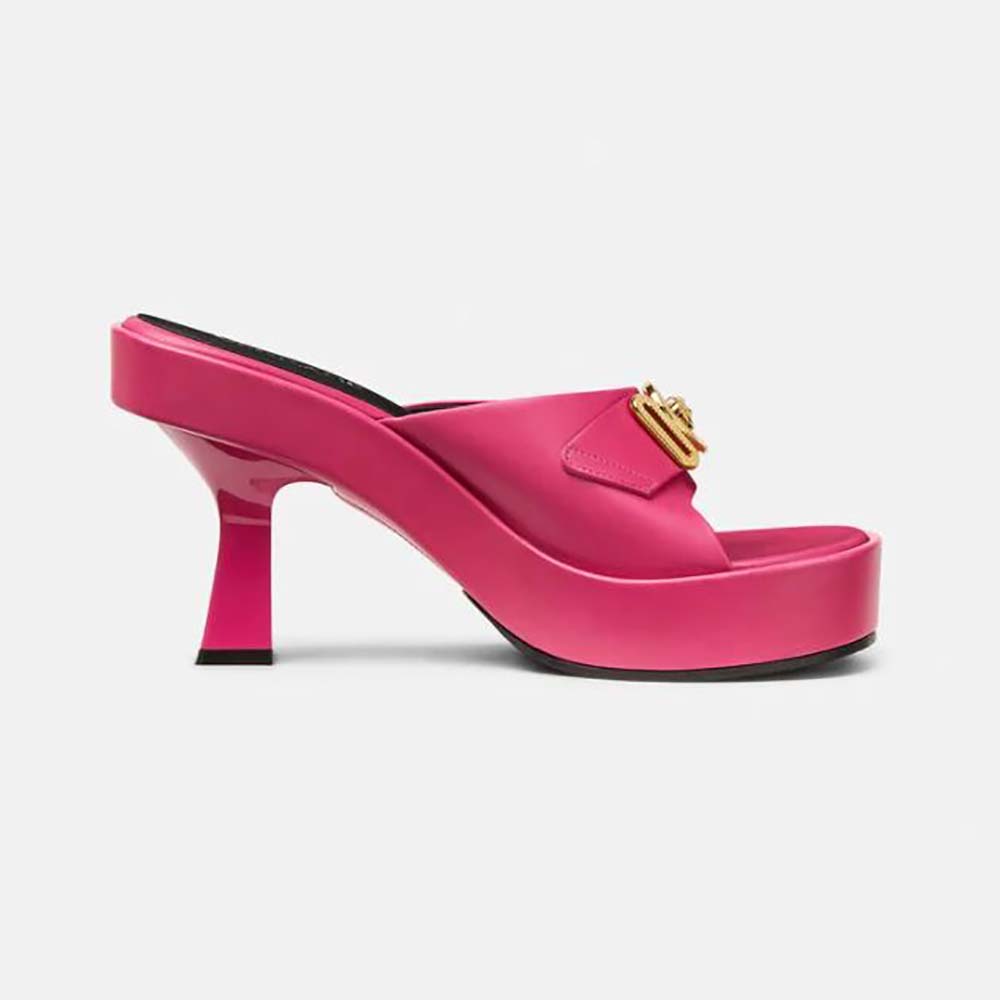 Side view of Versace Women Medusa Biggie Mules in Pink with 85mm heel