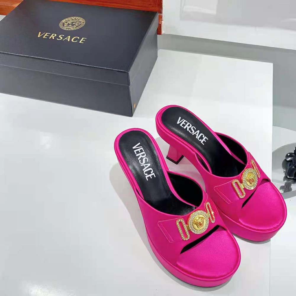 Top angle showing smooth leather finish on Versace Women Medusa Biggie Mules Pink