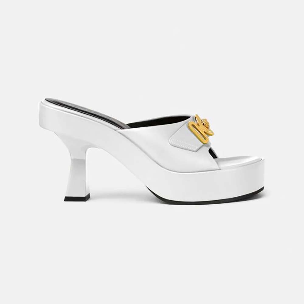 Front angle of Versace Women Medusa Biggie Mules in white leather