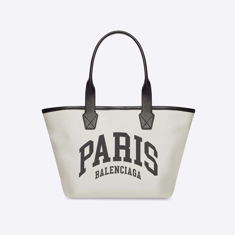 Front view of Balenciaga Women Cities Paris Jumbo Small Tote Bag in Beige