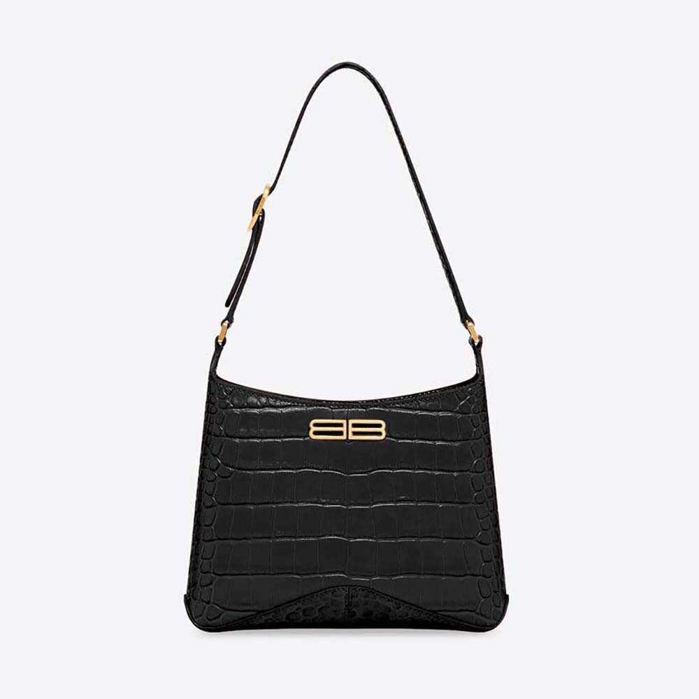 Front view of Balenciaga Women XX Small Hobo Bag Crocodile Embossed in Black