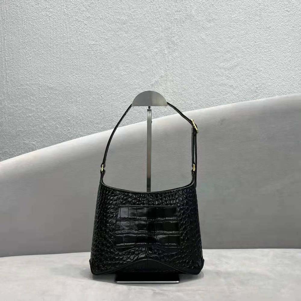 Side angle showing silhouette of Balenciaga Women XX Small Hobo Bag Crocodile Embossed