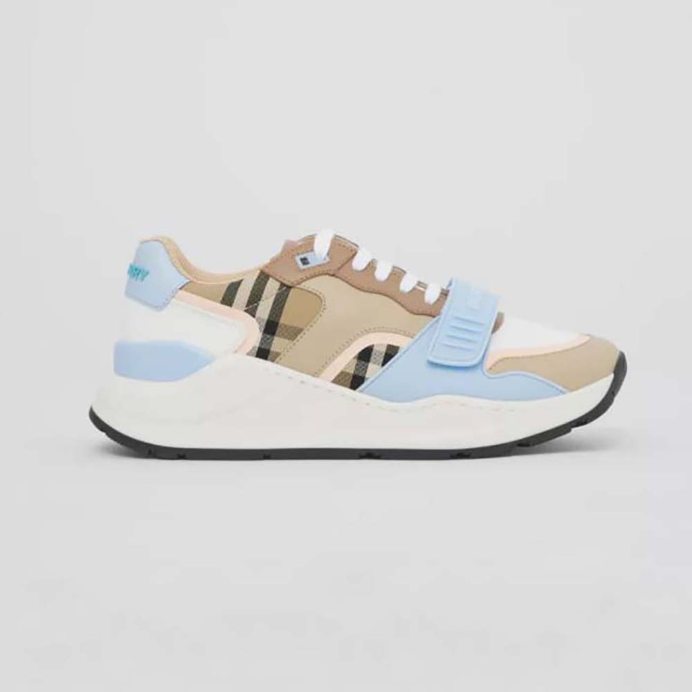 Side view of Burberry Women Check Cotton Canvas and Leather Sneakers-Blue