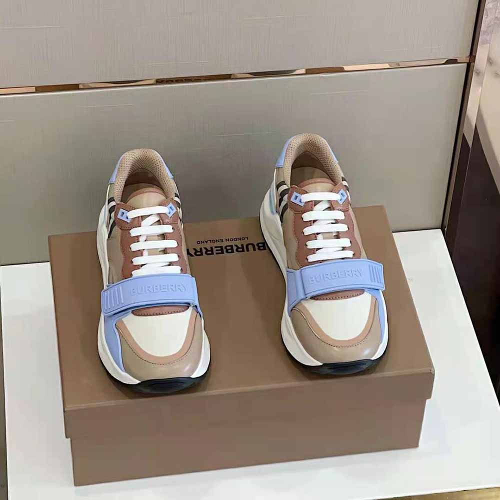 Close-up of Burberry check pattern on cotton canvas sneaker upper