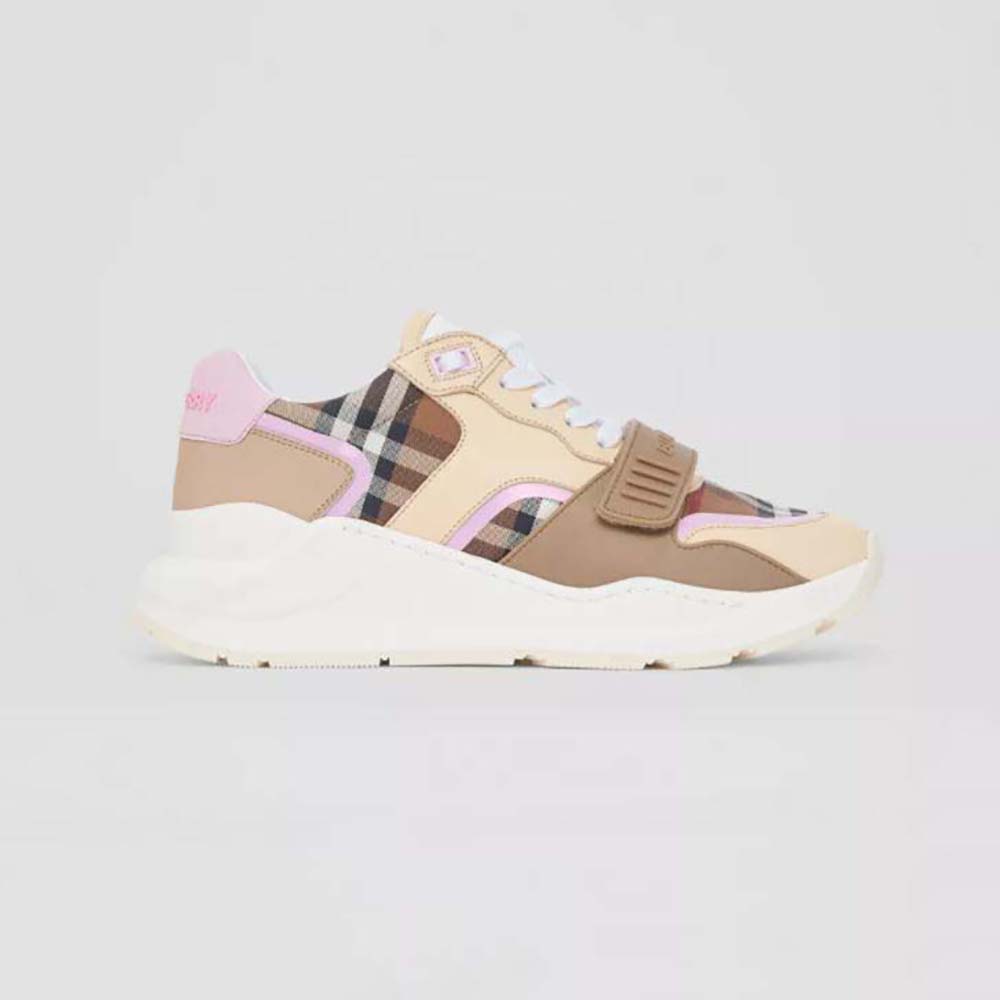 Side view of Burberry Women Check Cotton and Leather Sneakers-Pink