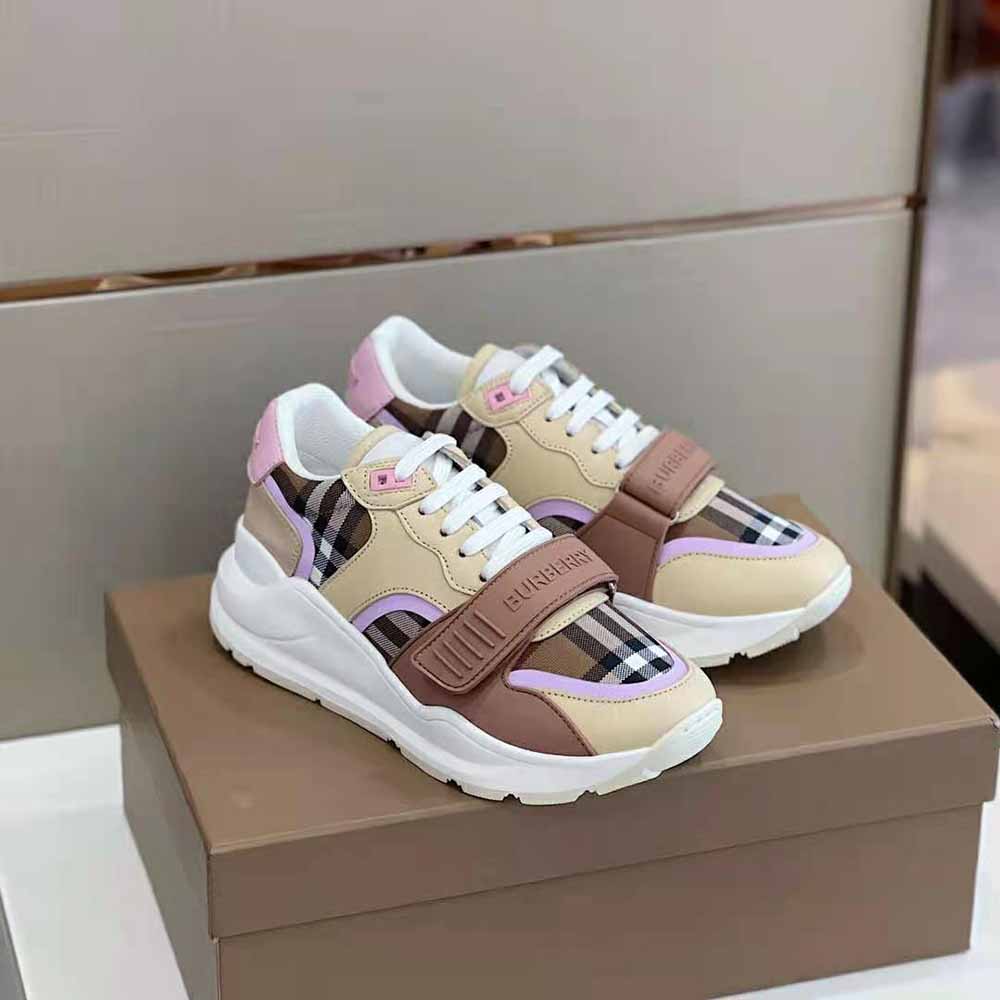 Top view showing lace closure on Burberry Women Check Sneakers-Pink