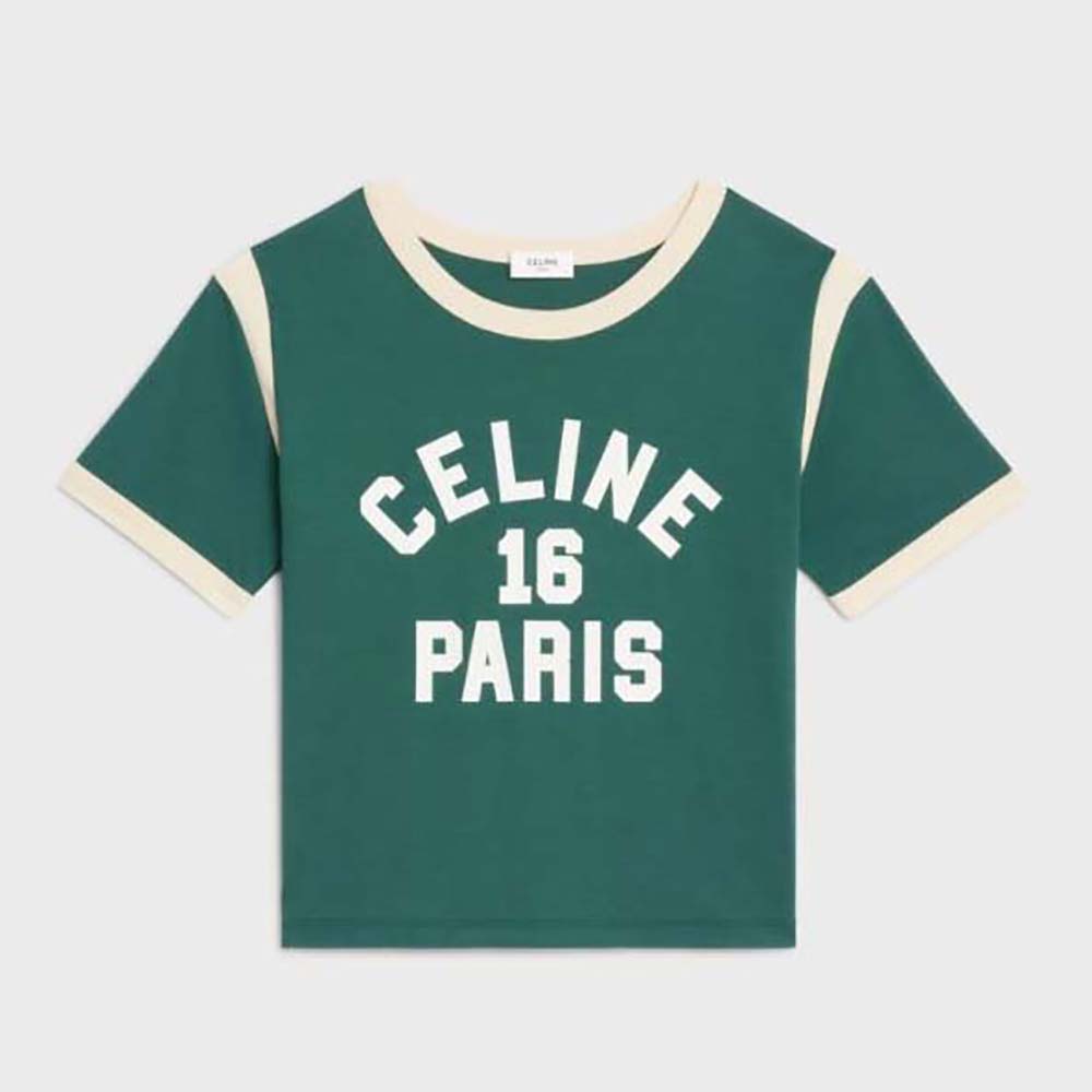Front view of Celine Women 16 Boxy T-shirt in green cotton jersey
