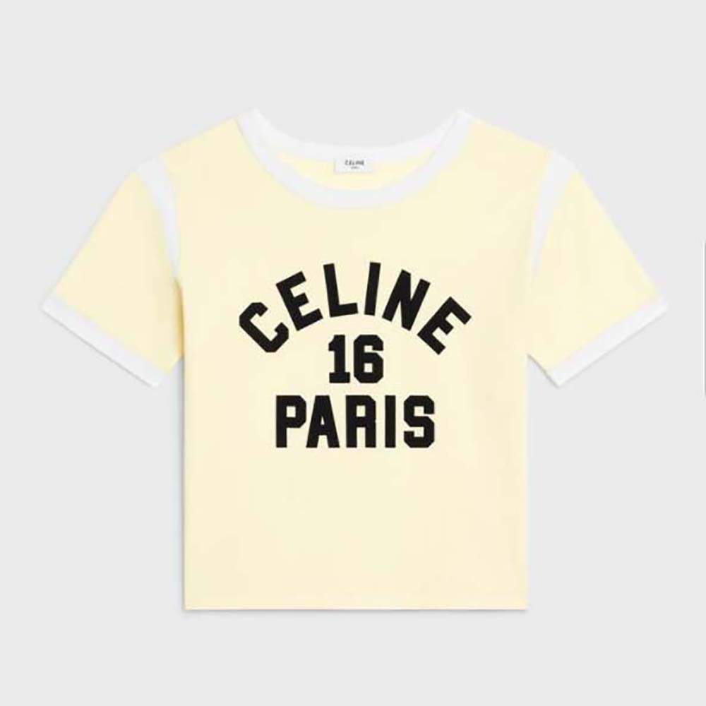 Front view of Celine Women 16 Boxy T-shirt in Cotton Jersey-Yellow