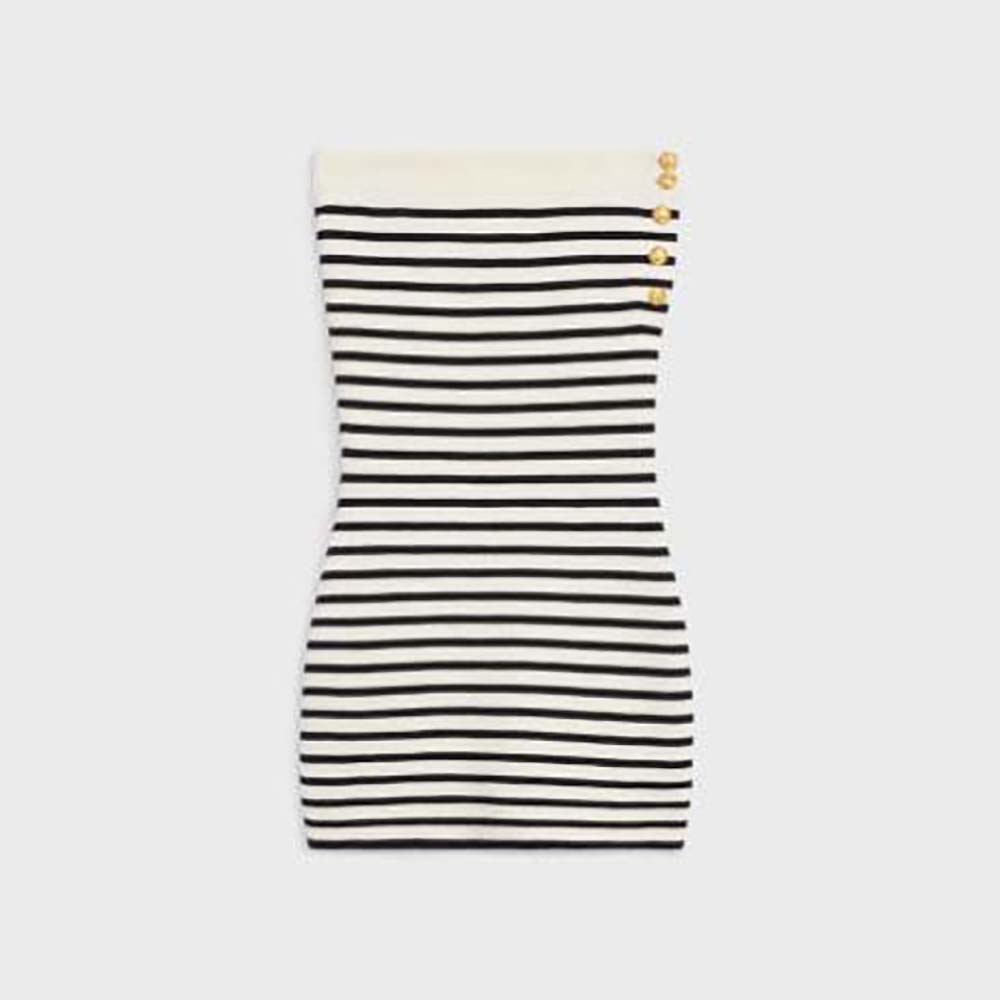 Front view of Celine Women Bandeau Dress in Striped Wool-White