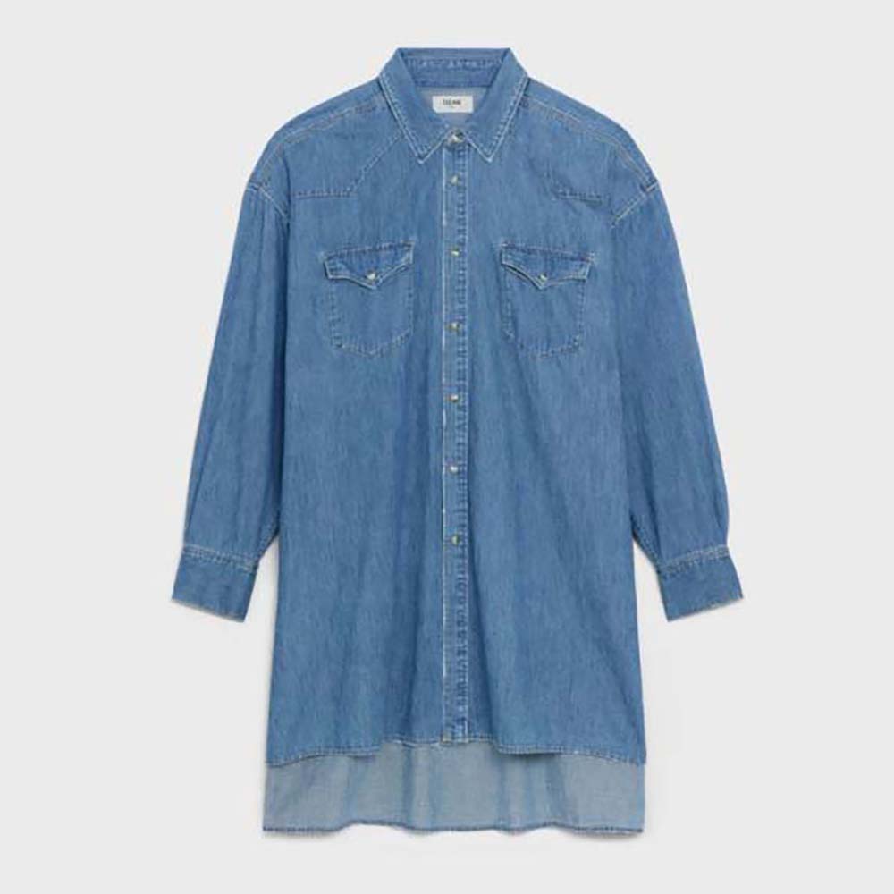 Front view of Celine Women Cowboy Painter Shirt in Denim-Blue