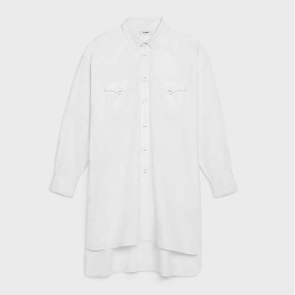 Front view of Celine Women Cowboy Painter Shirt in White Denim