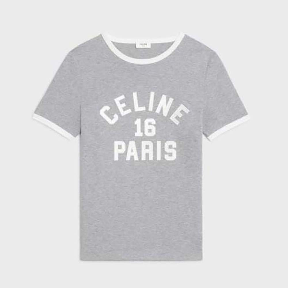 Front view of Celine Women Embroidered Celine 16 T-shirt in Cotton Jersey-Silver