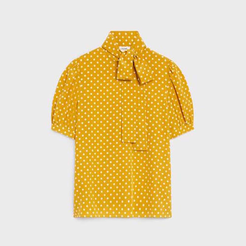Front view of Celine Women Lavalliere Blouse in Crepe De Chine-Yellow