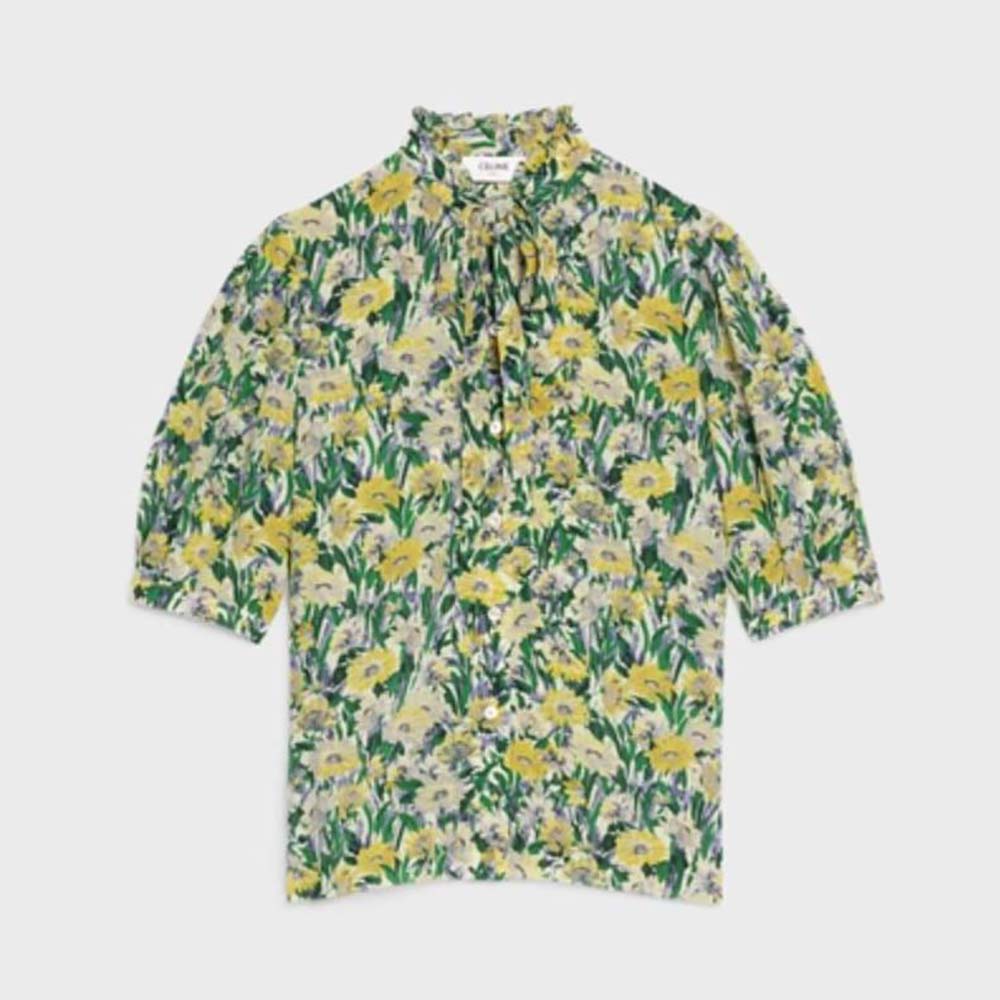 Front view of Celine Women Lavalliere Blouse in Paquerette Crepon-Green
