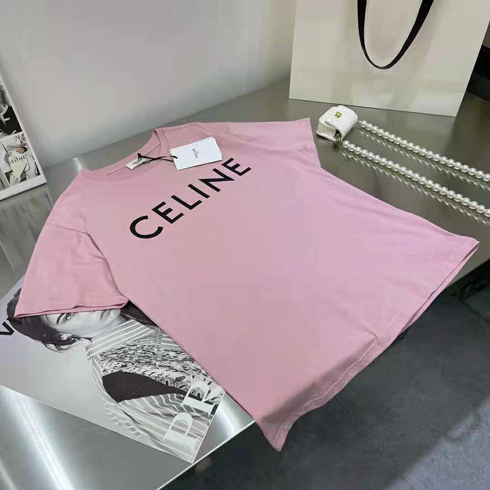 Close-up detail of fabric texture on Celine Women Loose Unisex Cotton Jersey T-shirt-Pink