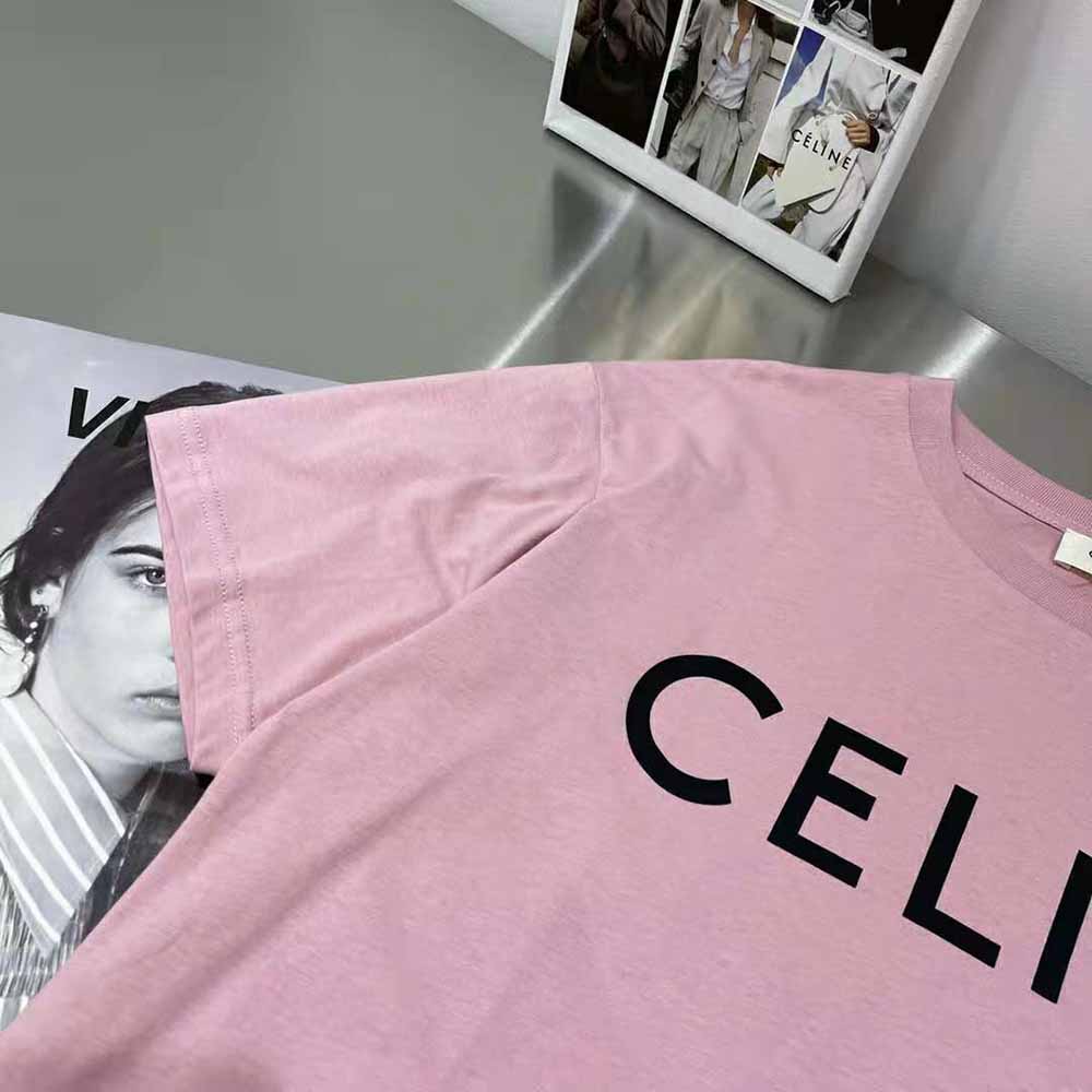 Side angle showing silhouette of Celine Women Loose Unisex Cotton Jersey T-shirt-Pink