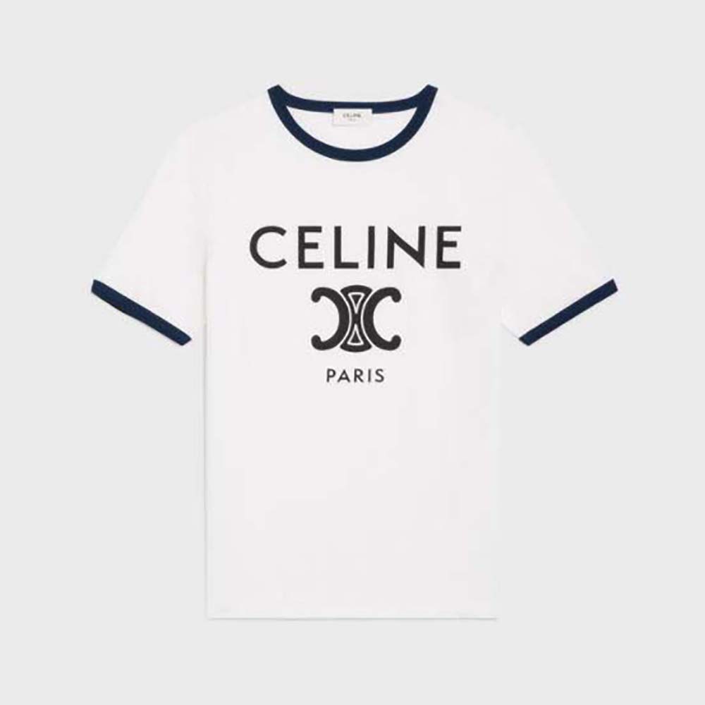Front view of Celine Women T-shirt in Cotton Jersey-White on model
