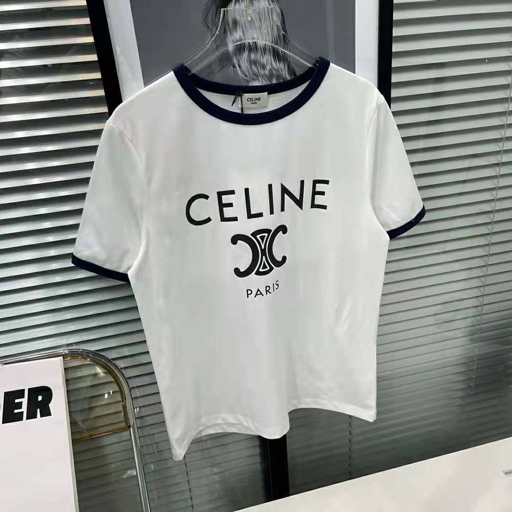 Close-up of Celine Women T-shirt cotton fabric and signature logo detail