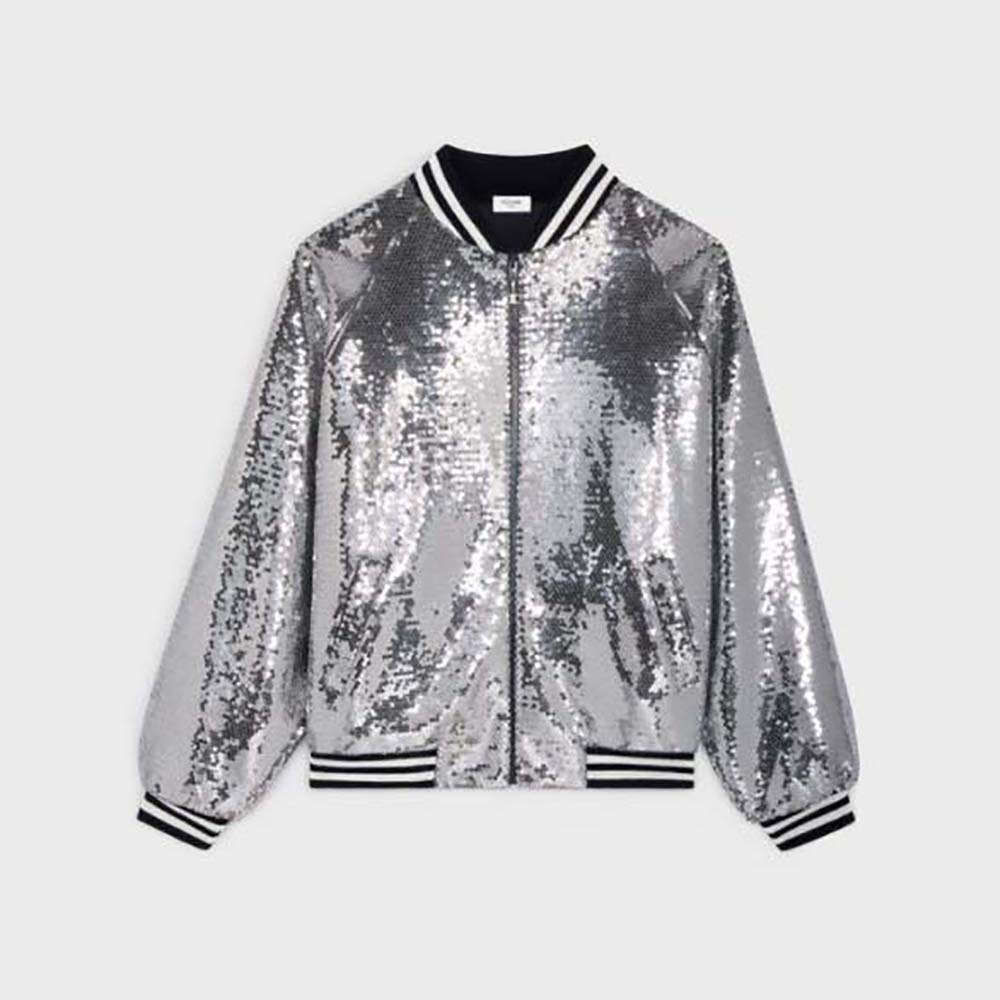 Front view of Celine Women Teddy Jacket in Cotton Fleece-Silver with zipper closed