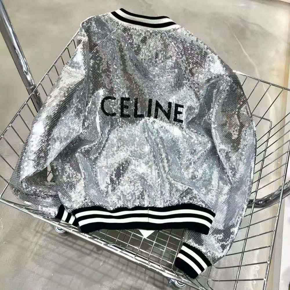Side profile showing boxy silhouette of Celine Women Teddy Jacket in Cotton Fleece-Silver