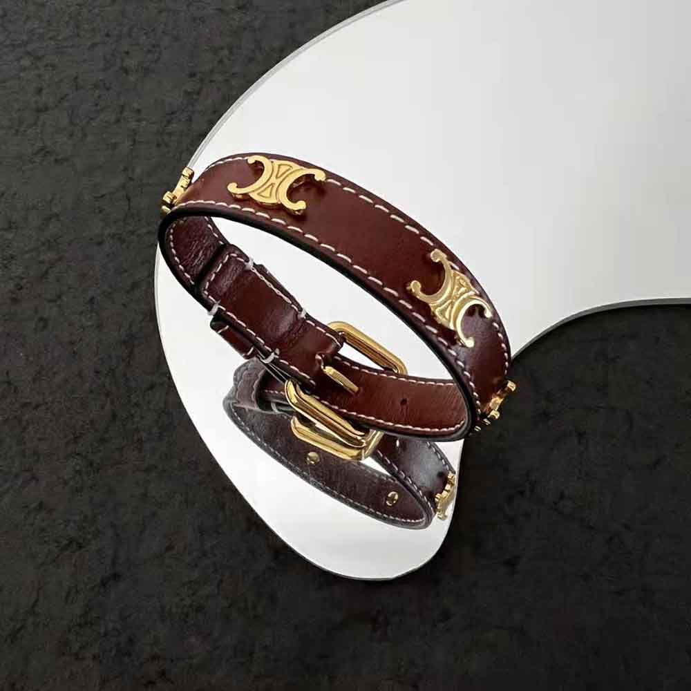 Side view of brown calfskin leather bracelet with gold brass finish