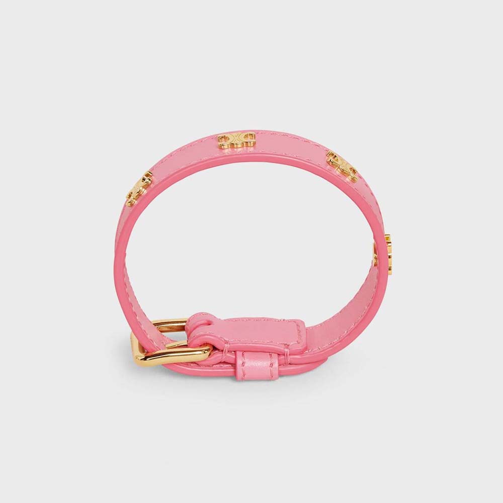 Close-up of Celine Women Triomphe Multi Leather Bracelet pink leather and gold clasp