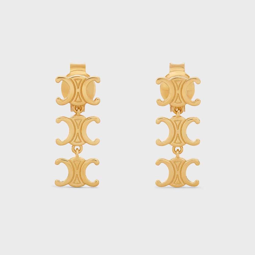 Front view of Celine Women Triomphe Multi Short Earrings in gold finish