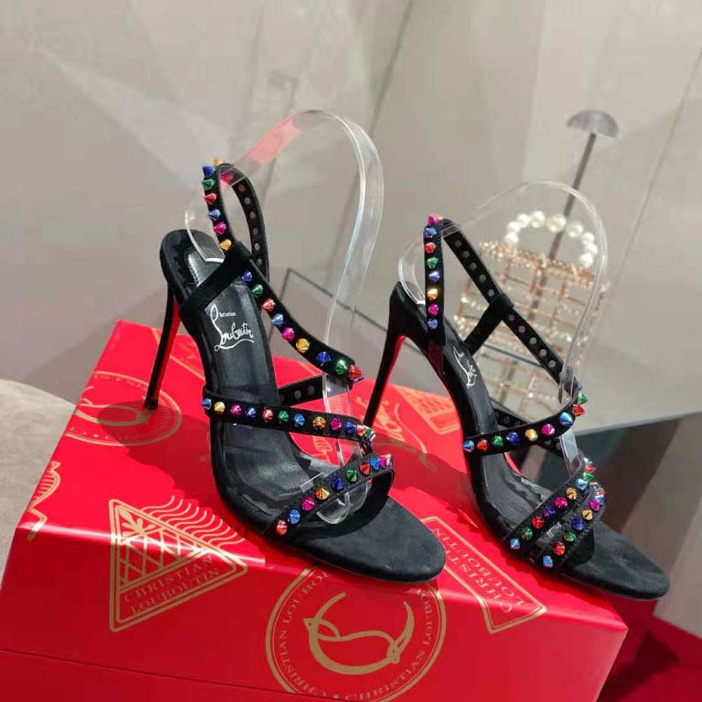 Detail of ankle strap and metal spikes on Christian Louboutin Spikita Strap
