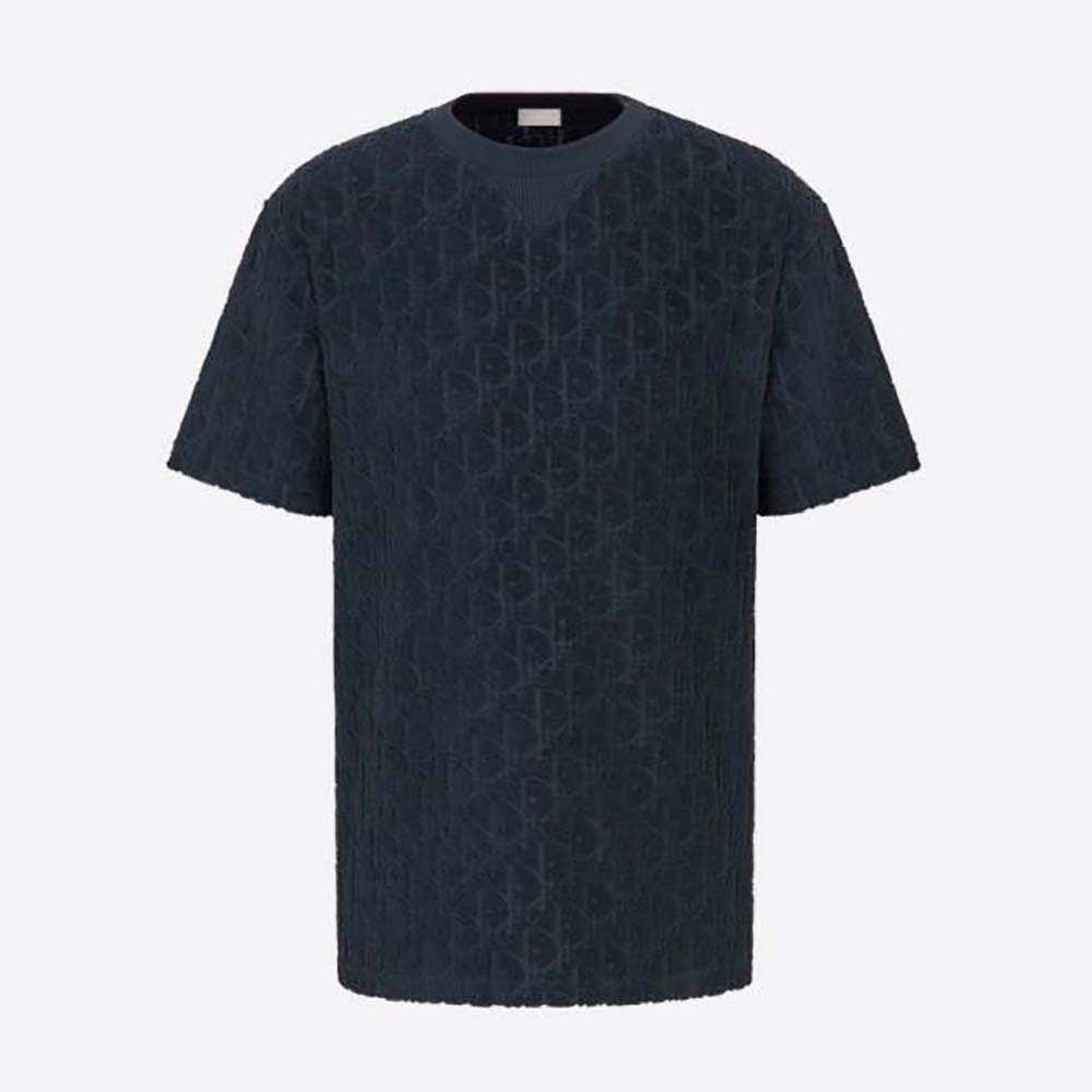 Front view of Dior Men Oblique T-shirt Relaxed Fit Navy Blue Terry Cotton Jacquard