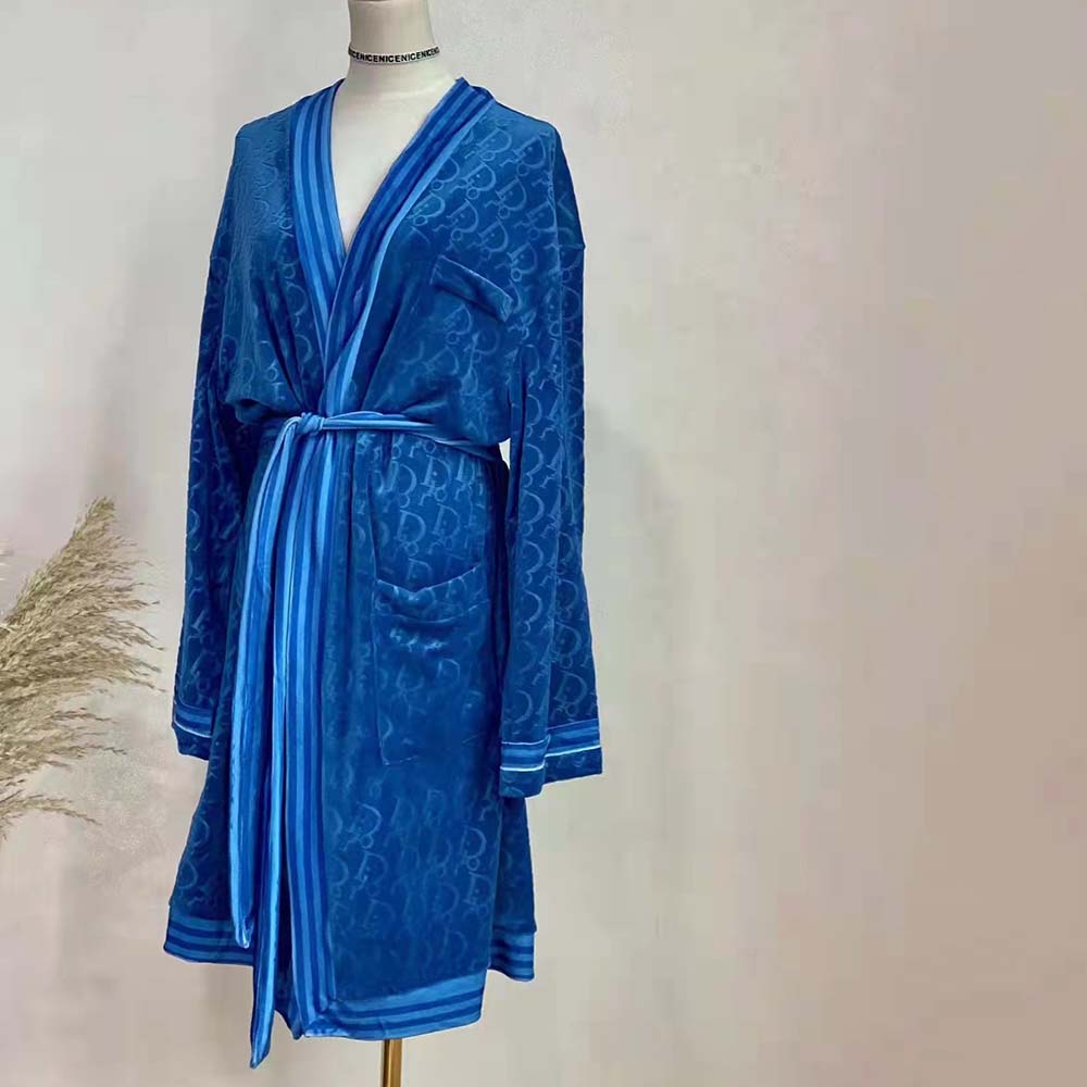 Dior Men Unisize Oblique Bathrobe In Terry Cotton Jacquard-Blue - image 4