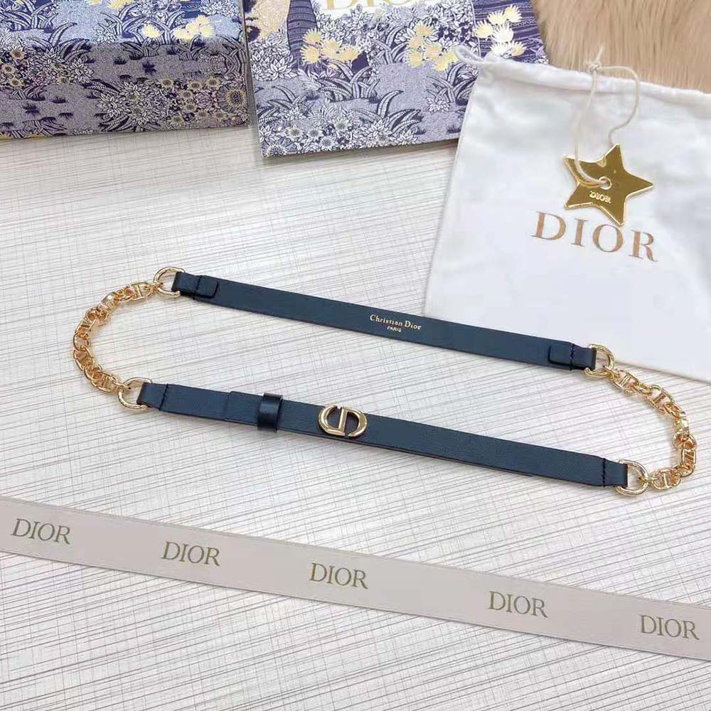 Side angle showing smooth calfskin texture on Dior Women Caro Belt