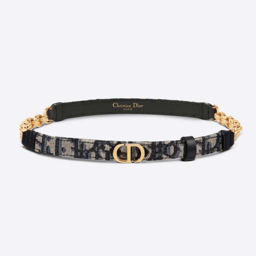 Front view of Dior Women Caro Belt Blue Dior Oblique Jacquard with gold buckle