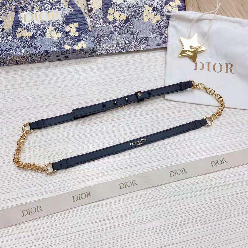 Side angle showing texture of blue Dior Oblique jacquard belt strap
