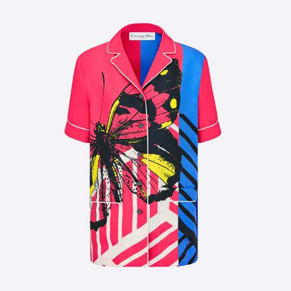 Front view of Dior Women Chez Moi Short-Sleeved Shirt bright pink blue