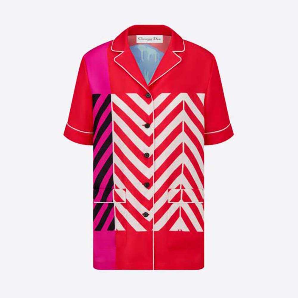 Front view of Dior Women Chez Moi Short-Sleeved Shirt bright pink silk twill