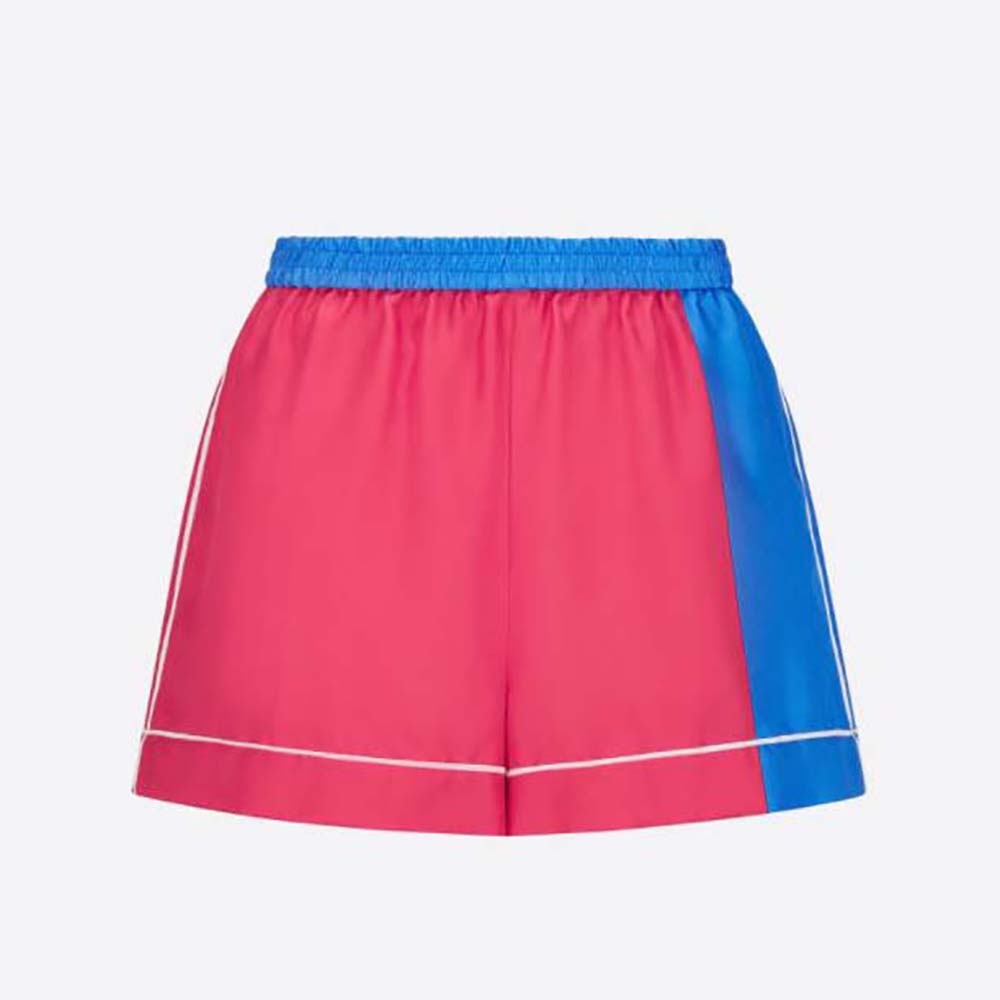 Front view of Dior Women Chez Moi Shorts Bright Pink and Fluorescent Blue Silk Twill