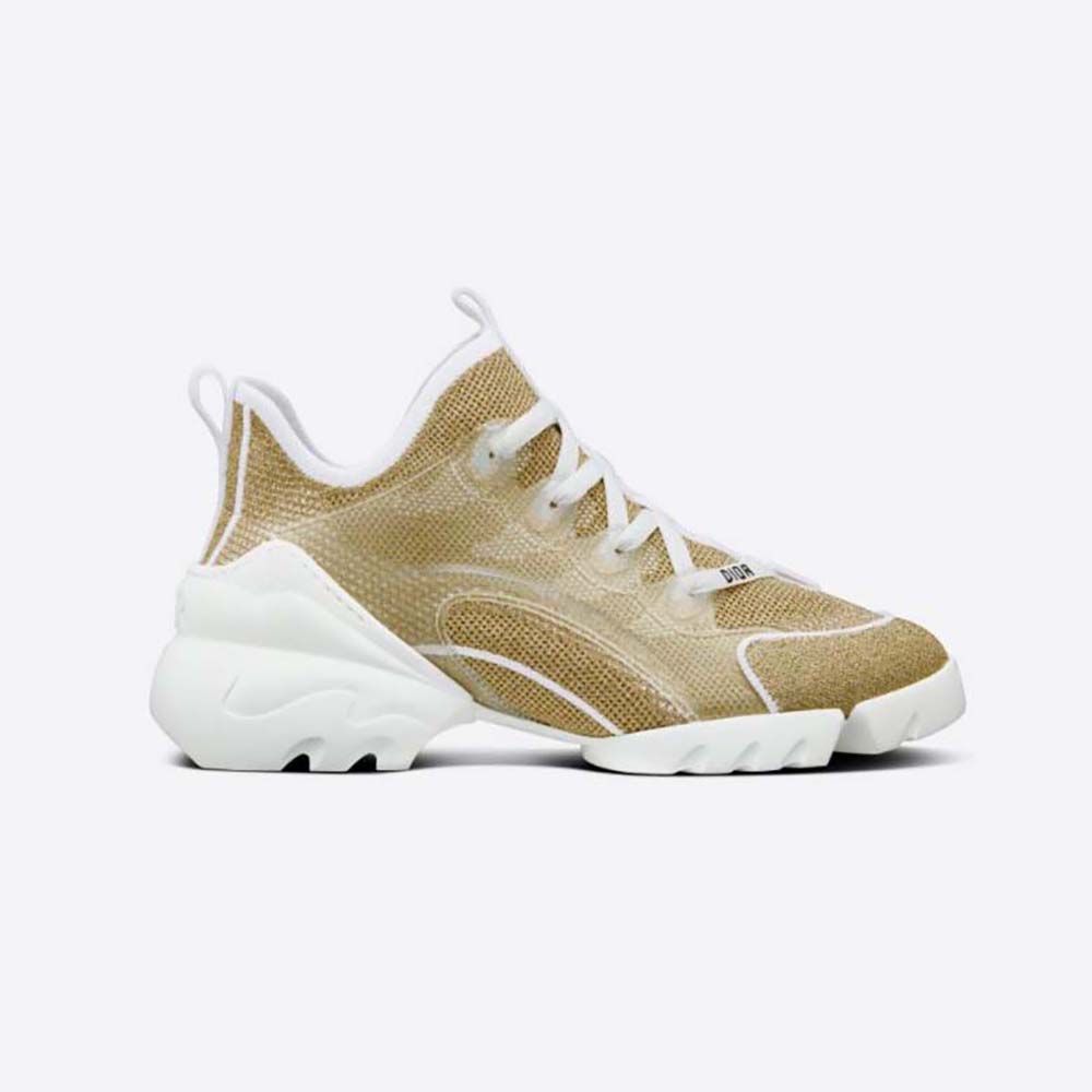 Side profile of Dior Women D-Connect Sneaker Gold-Tone Laminated Mesh