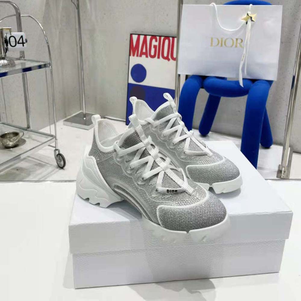 Close-up of silver laminated mesh texture on Dior Women D-Connect Sneaker