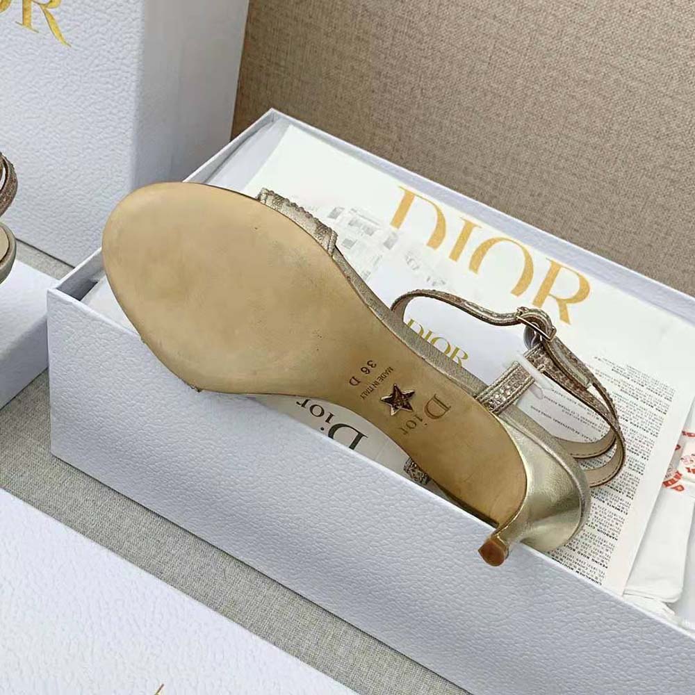 Dior Women Dway Heeled Sandal Gold-Tone Cotton Embroidered with Metallic Thread and Strass - image 8