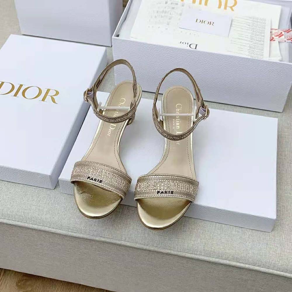 Close-up of gold-tone metallic thread and strass on Dior Women Dway sandal