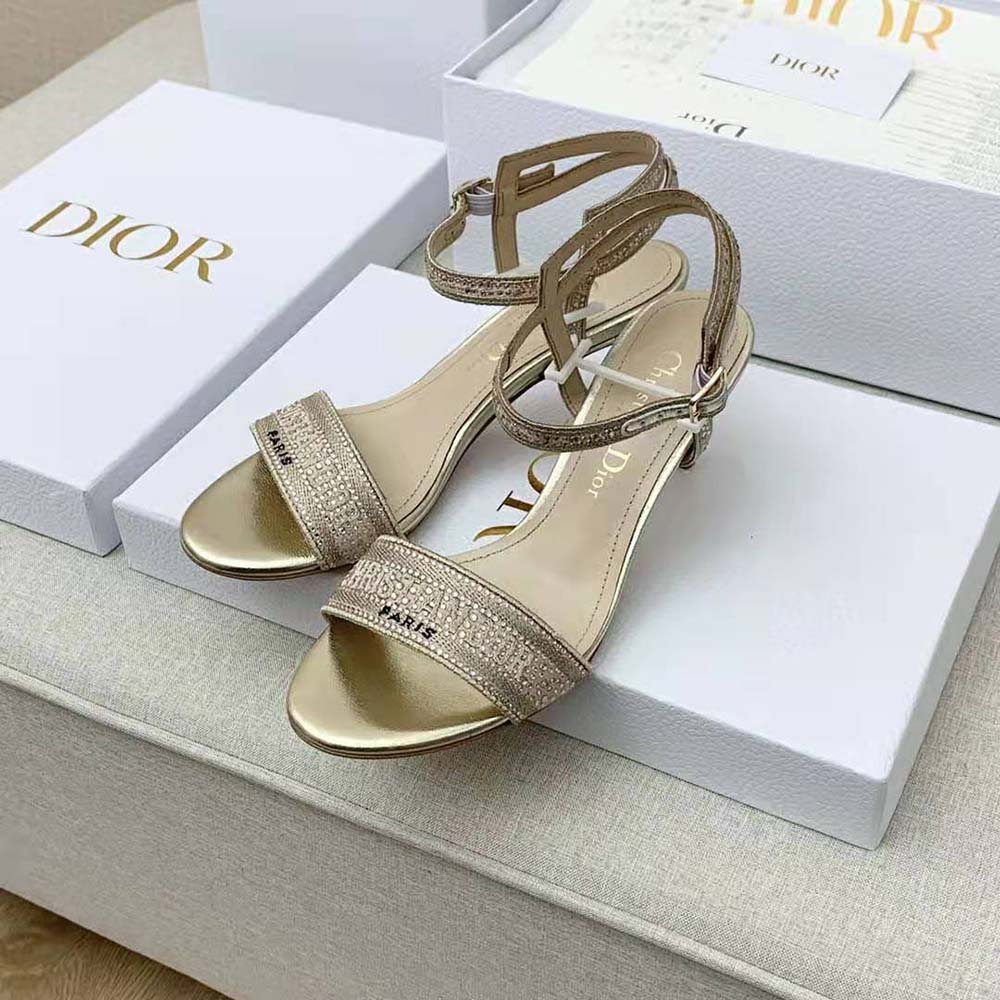 Dior Women Dway Heeled Sandal Gold-Tone Cotton Embroidered with Metallic Thread and Strass - image 4