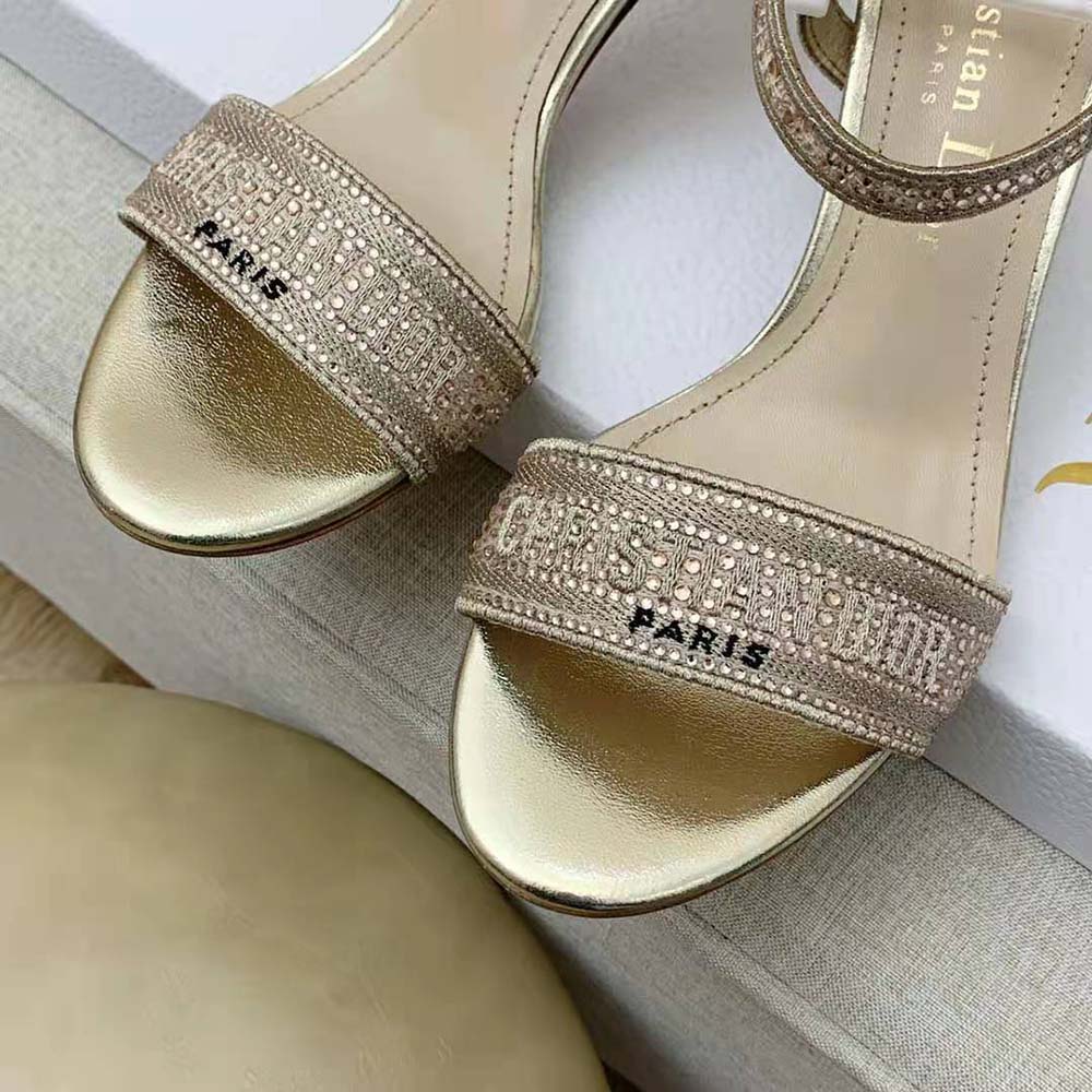 Dior Women Dway Heeled Sandal Gold-Tone Cotton Embroidered with Metallic Thread and Strass - image 10