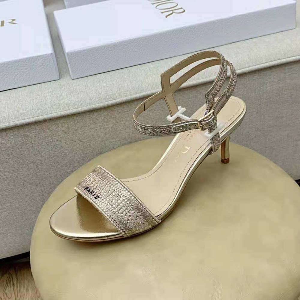 Dior Women Dway Heeled Sandal Gold-Tone Cotton Embroidered with Metallic Thread and Strass - image 7