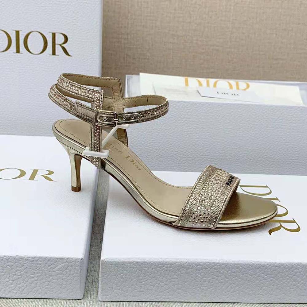 Dior Women Dway Heeled Sandal Gold-Tone Cotton Embroidered with Metallic Thread and Strass - image 6